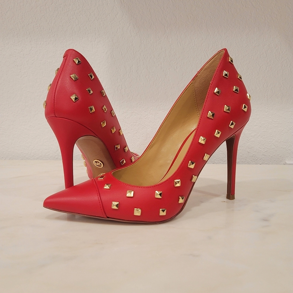 Michael Kors Keke Studded Leather Pointed Toe Stiletto Pumps Crimson Red